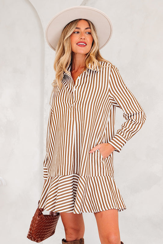Brown Stripe Ruffled Hem Collared Long Sleeve Shirt Mini Dress