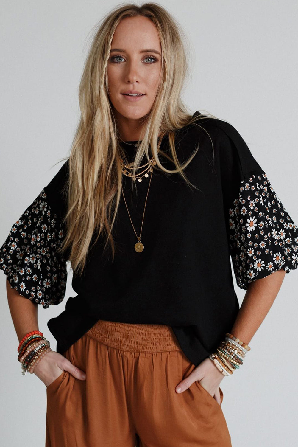 Black Contrast Floral Puff Sleeve Oversized Top