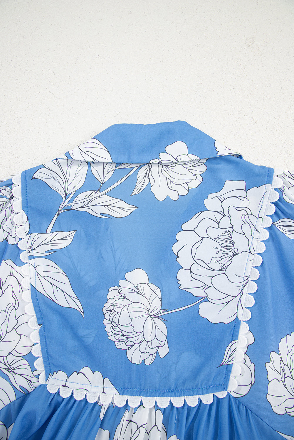 Sky Blue Floral Ricrac Trim Collared Puff Sleeve Loose Blouse
