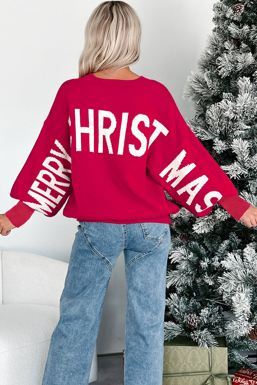 Fiery Red HO HO HO MERRY CHRISTMAS Drop Shoulder Loose Sweater