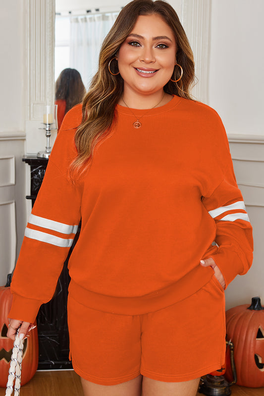 Orange Plus Size Varsity Striped Drop Shoulder Pullover Drawstring Elastic Waistband Short Set