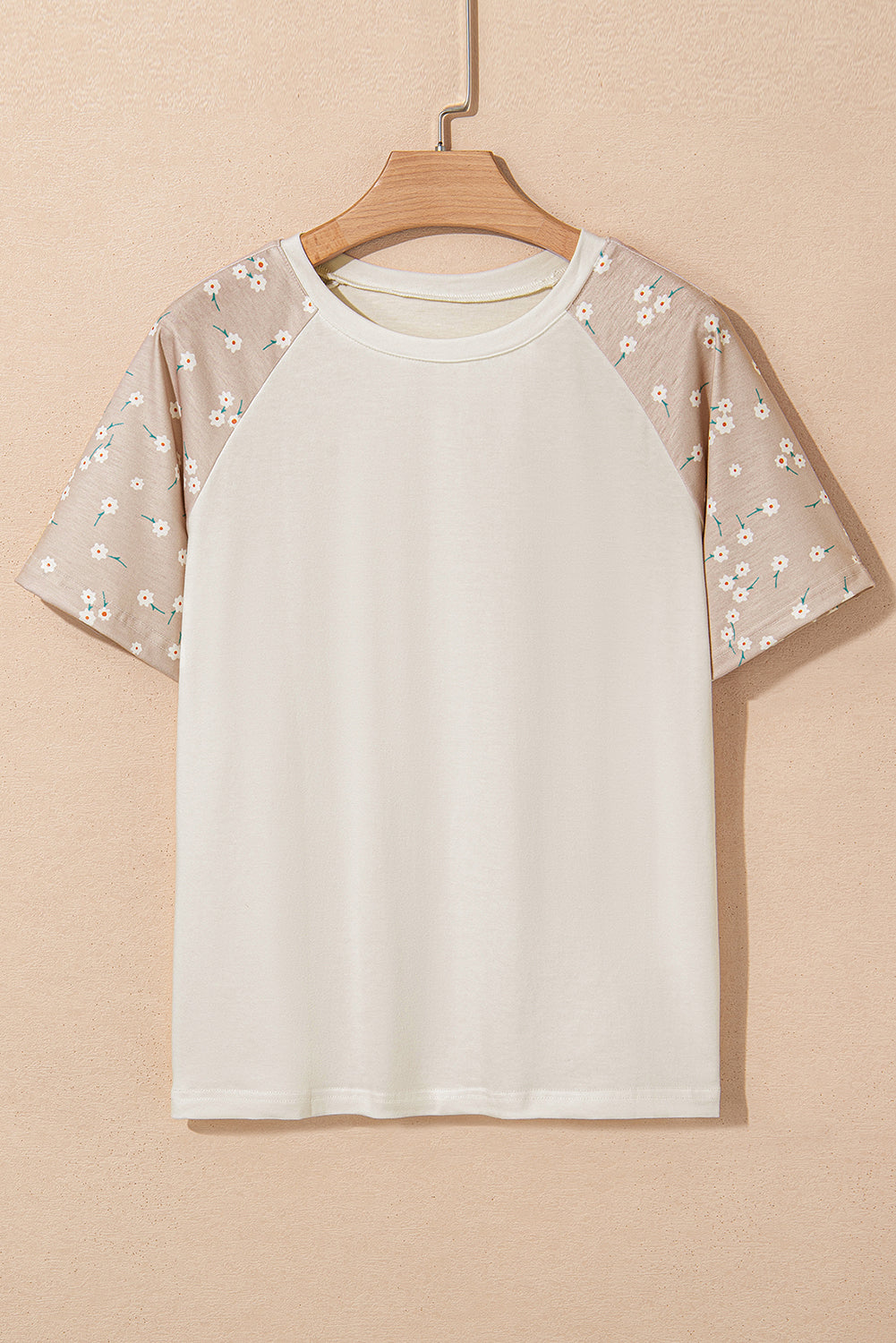 Beige Floral Print Color Block Raglan Sleeve T Shirt