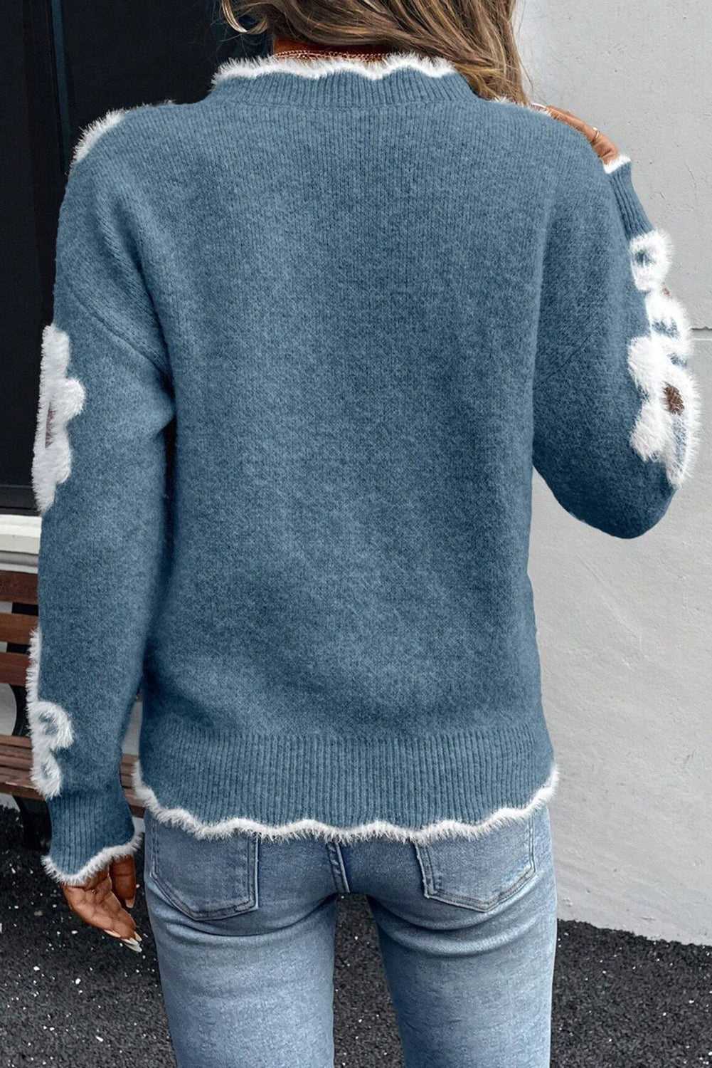 Dusk Blue Plush Flower Pattern Scalloped Trim V Neck Sweater