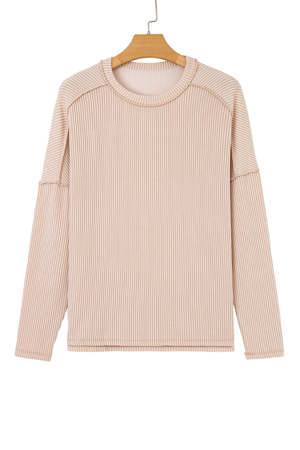 Parchment Twist Ribbed Exposed Seam Detail Long Sleeve Loose Top