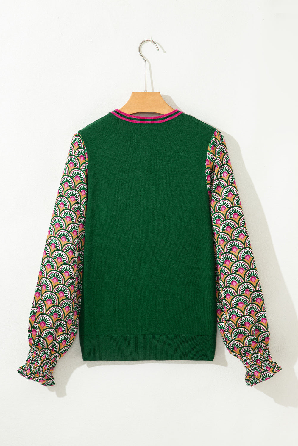 Blackish Green Floral Patchwork Shirred Cuff Puff Sleeve Sweater