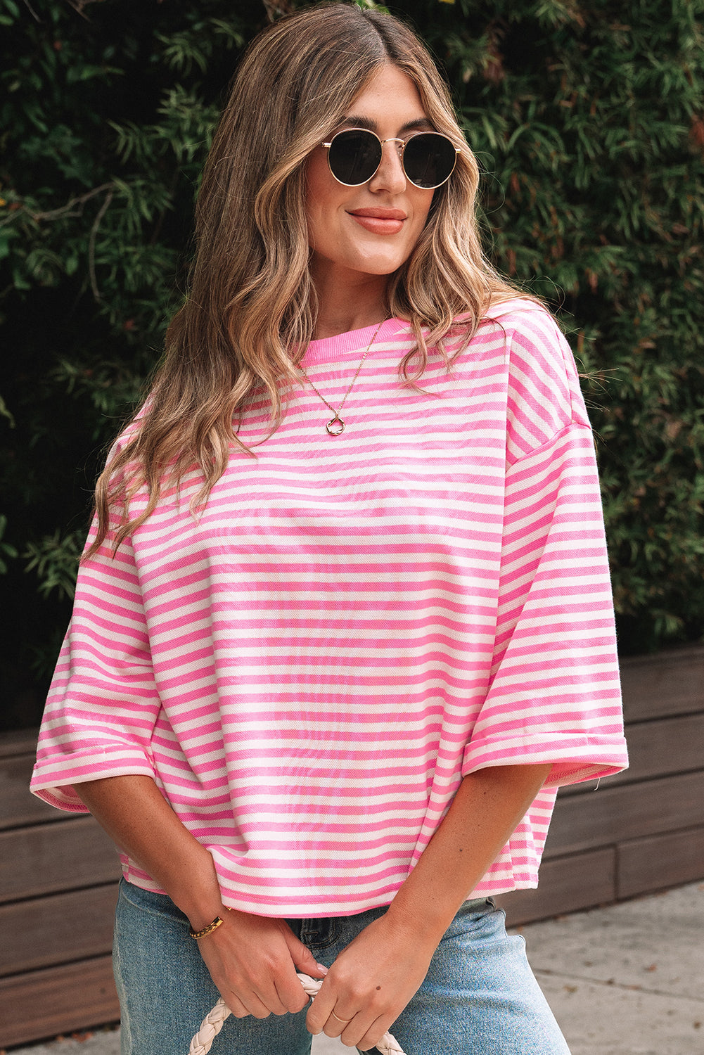 Pink Stripe Bowknot Cutout Back Drop Shoulder Wide Bracelet Sleeve Loose Tee