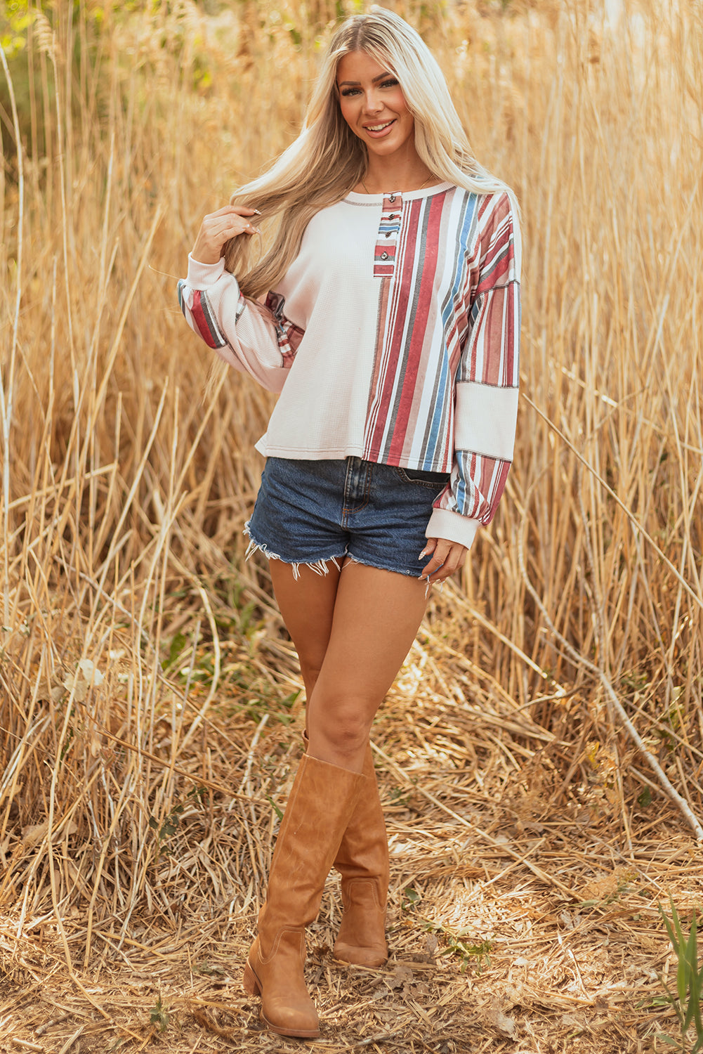 Beige Striped Waffle Patchwork Exposed Seam Raw Edge Casual Knit Top