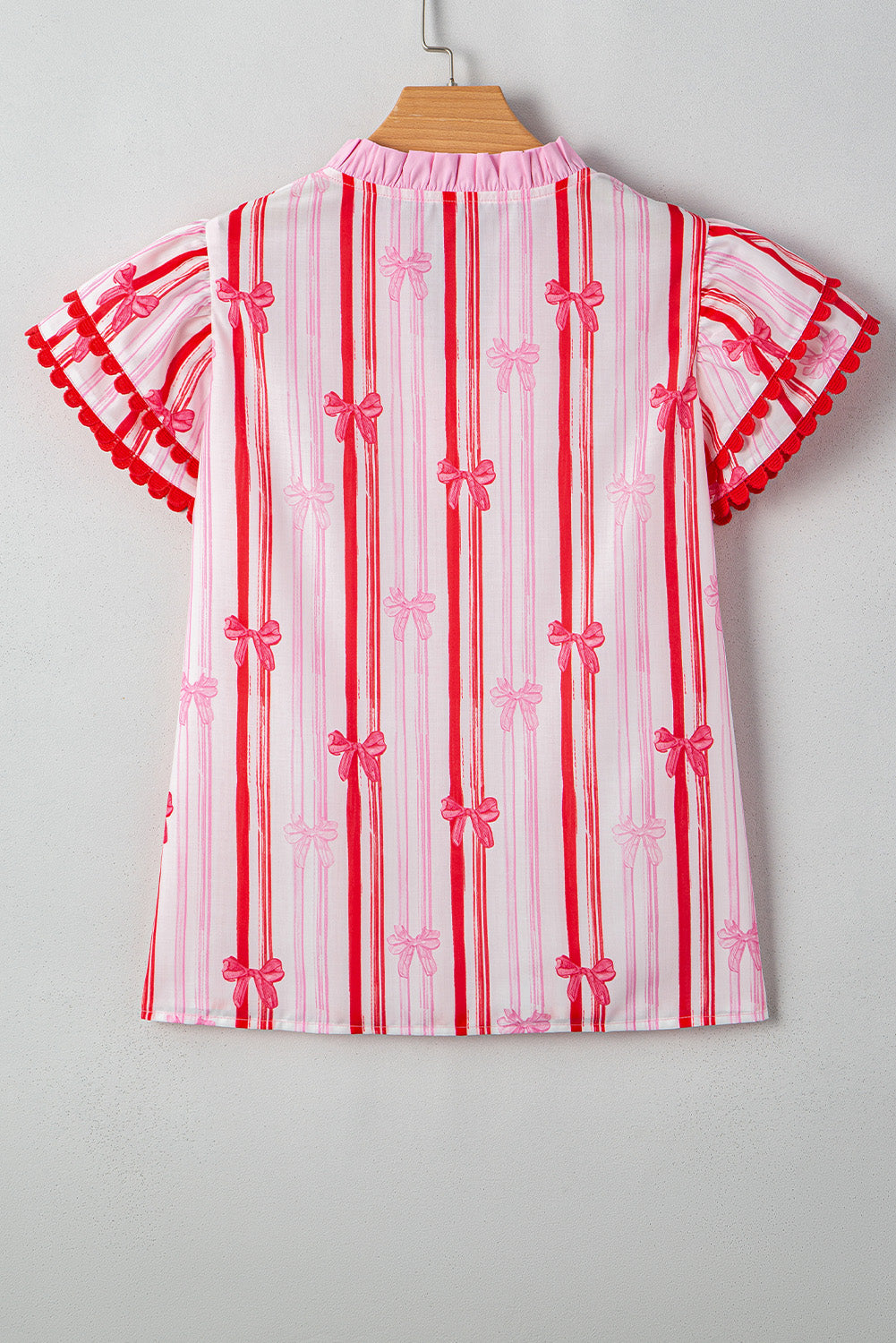 Pink Ric-rac Trim Ruffled Sleeve V Neck Bow Striped Printed Blouse