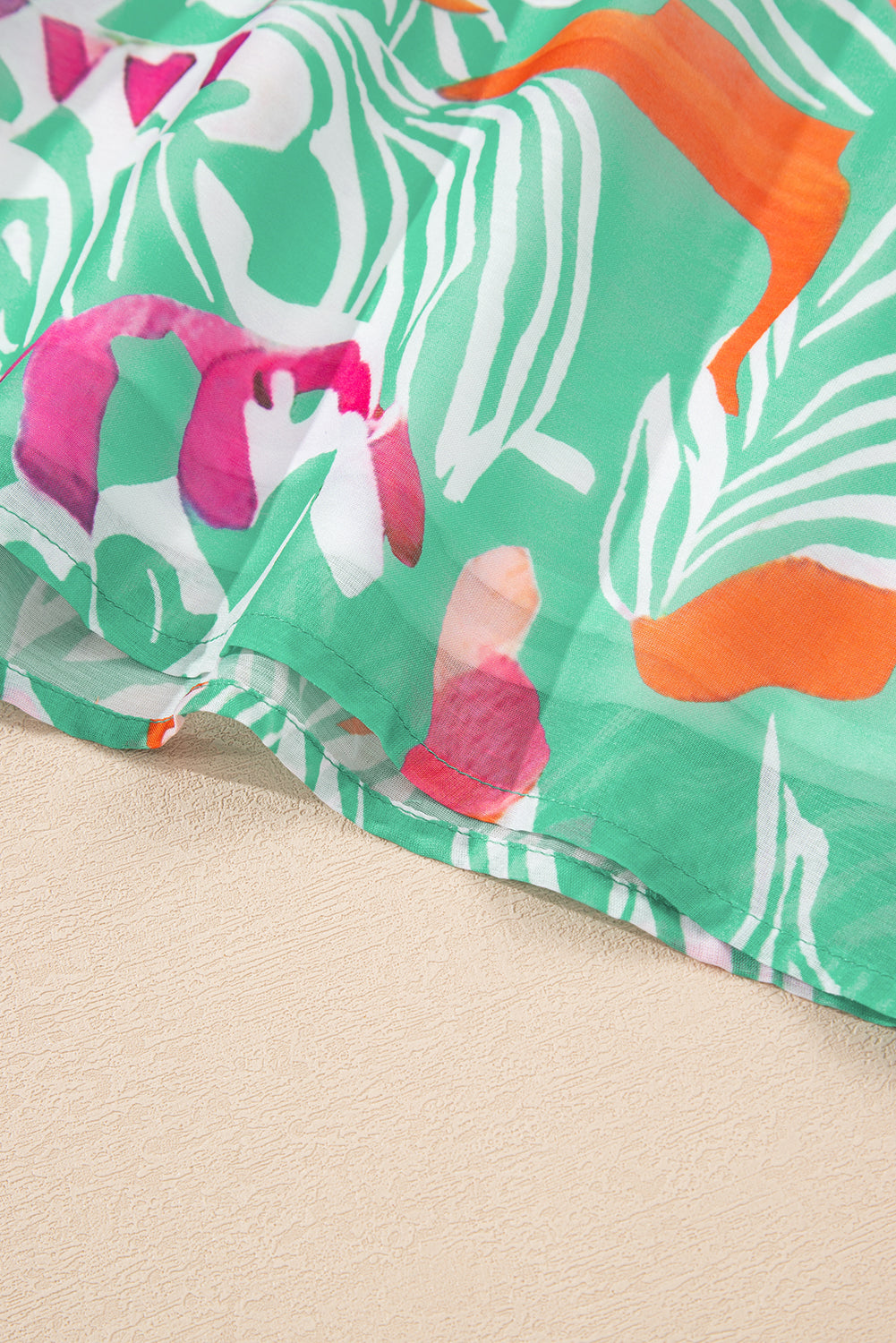 Green Tropical Boho Print Puff Sleeve Square Neck Loose Plus Blouse