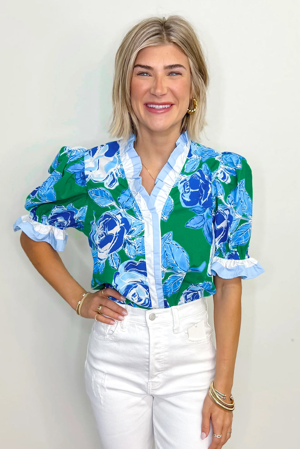 Bright Green Floral Frilled V Neck Short Sleeve Blouse Top