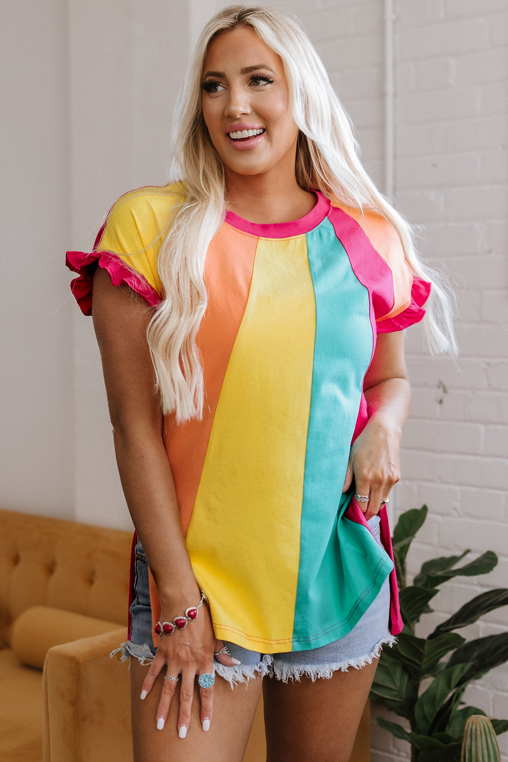 Rose Red Color Block Ruffled Crew Neck Loose Fit T Shirt