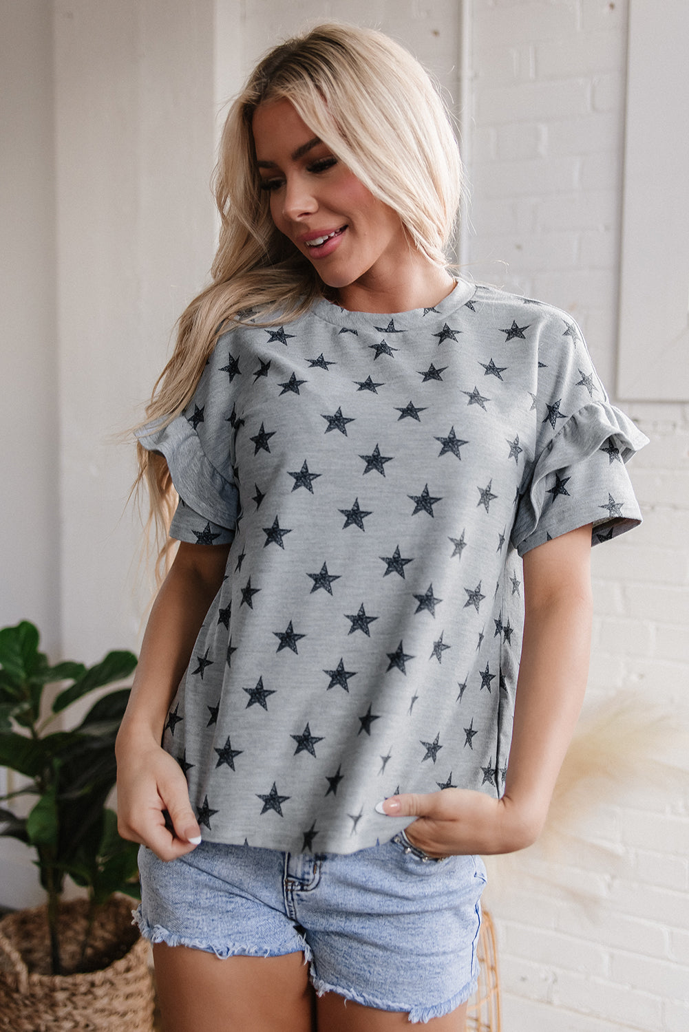 Gray Star Print Tiered Ruffled Sleeve Crew Neck T Shirt