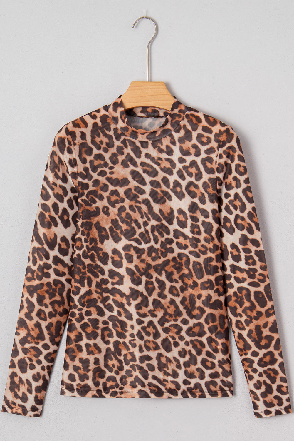 Brown Leopard Mock Neck Long Sleeve Mesh Top