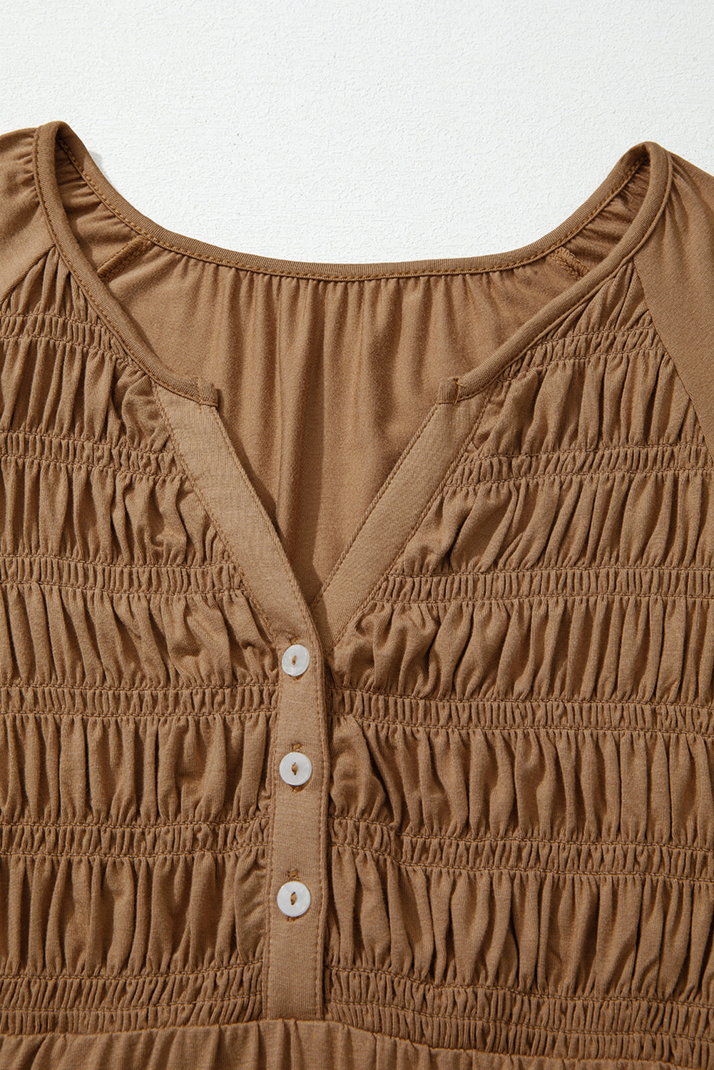 Cinnamon Smocked Bust Buttoned Split V Neck Flow Fit Blouse