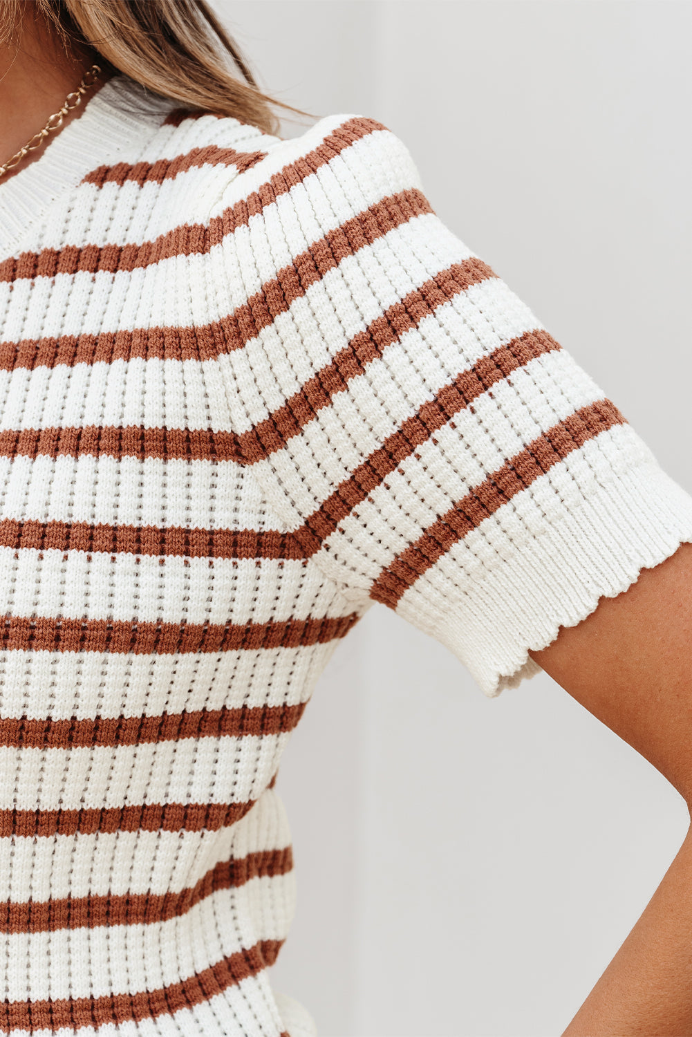 Khaki Stripe Scalloped Round Neck Short Sleeve Sweater