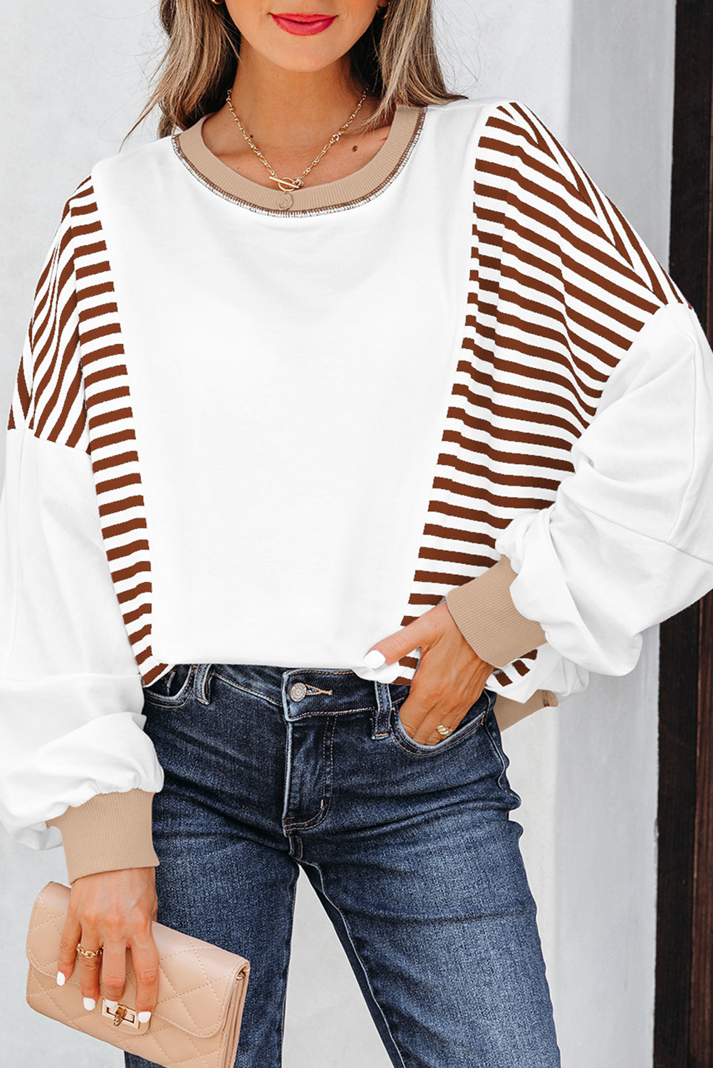 Brown Stripe Colorblock Patchwork Contrast Stitching Oversize Sweatshirt