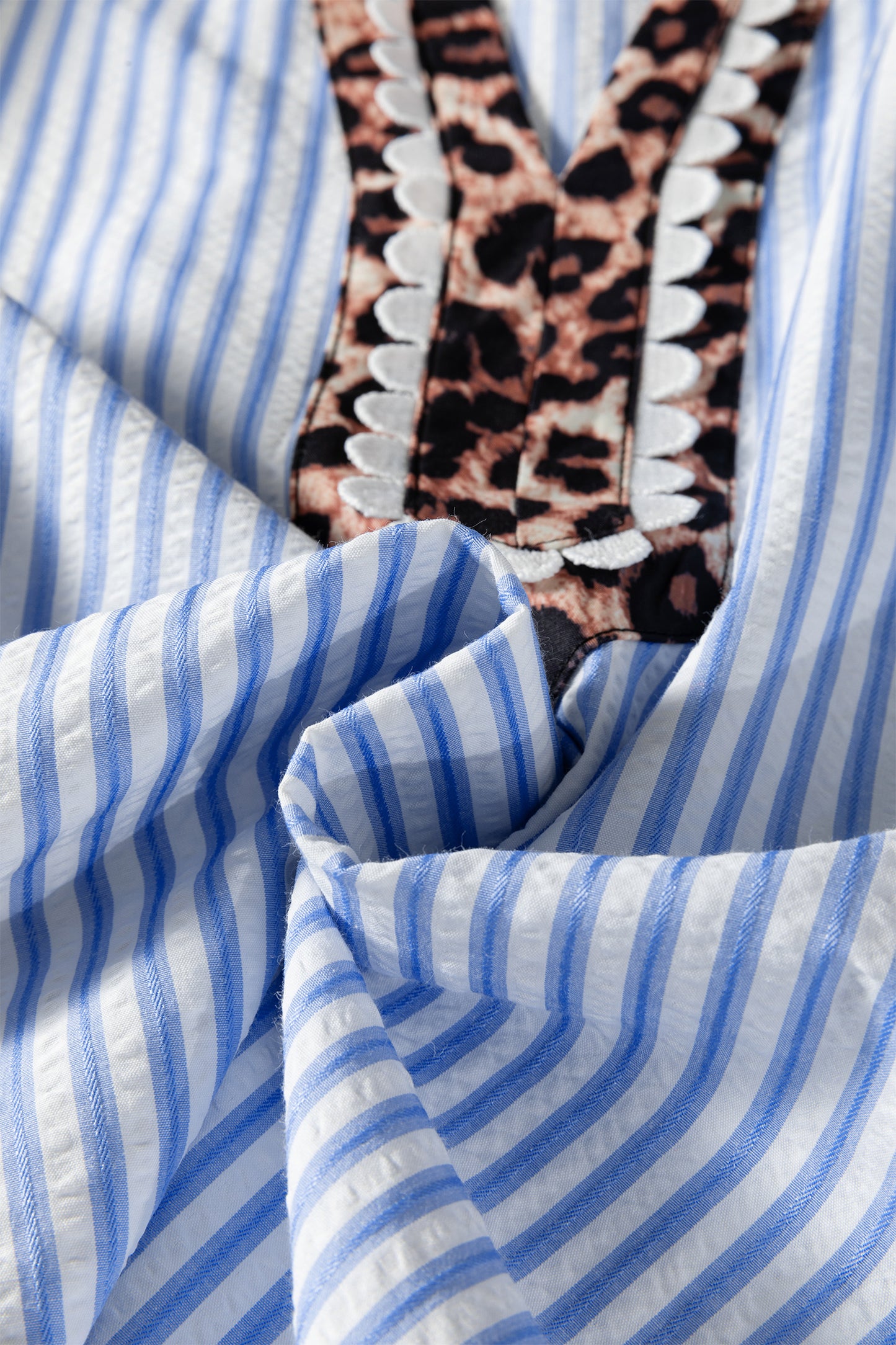 Brown Stripe Ricrac Trim Short Puff Sleeve Leopard Patchwork Collar V Neck Blouse