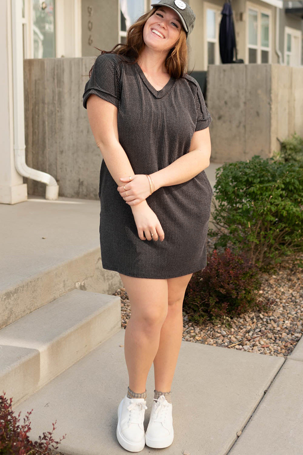 Carbon Grey Corded V Neck Plus Size T Shirt Dress with Pockets