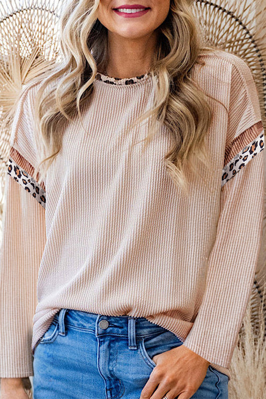 Beige Twist Ribbed Leopard Color Block Detail Drop Shoulder Long Sleeve Top