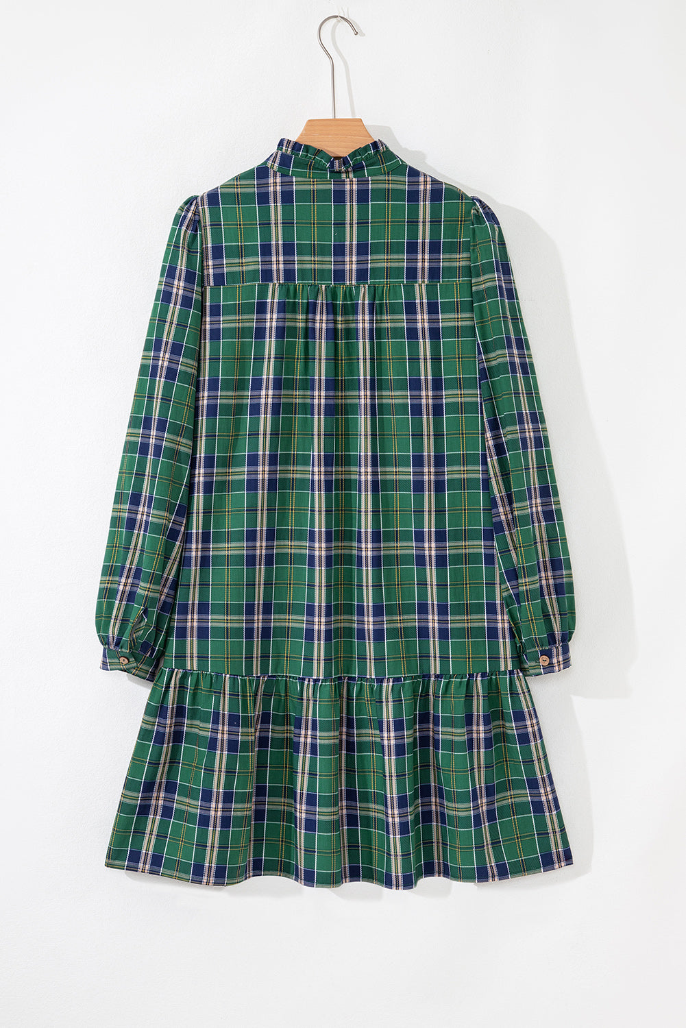 Green Plus Size Plaid Long Sleeve Notched Neck Shift Mini Dress