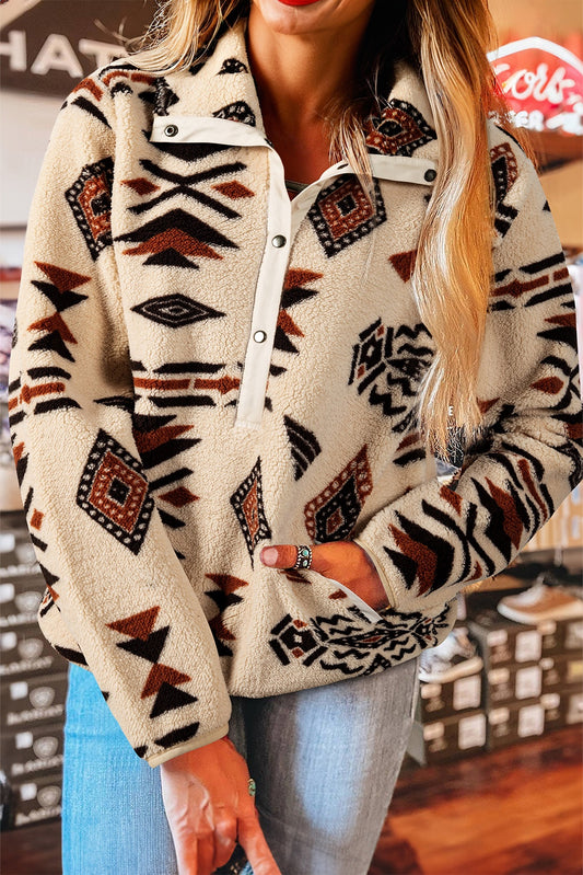 Beige Western Aztec Half Zip Plush Sweatshirt