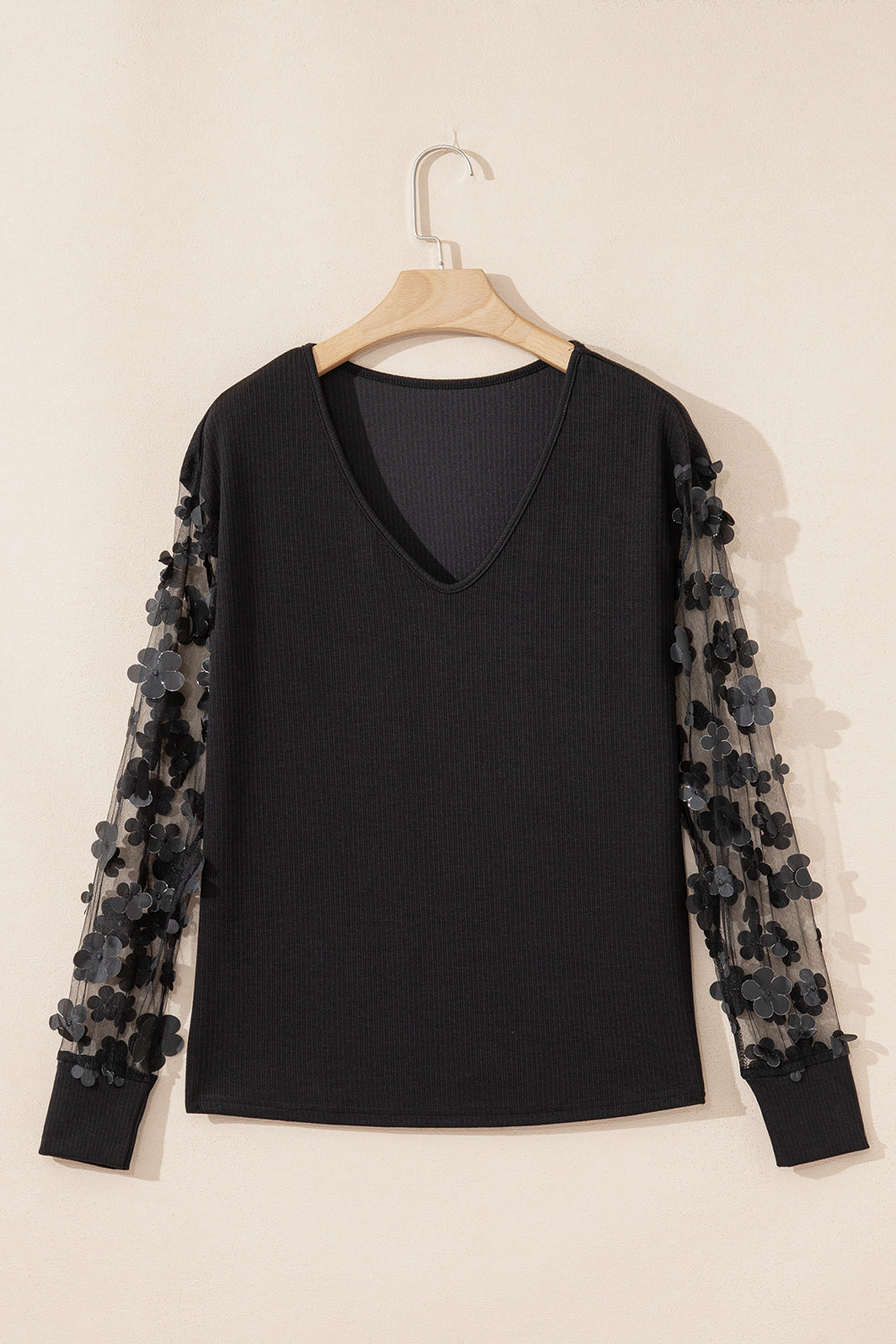 Black Flower Applique Mesh Long Sleeve V Neck Blouse
