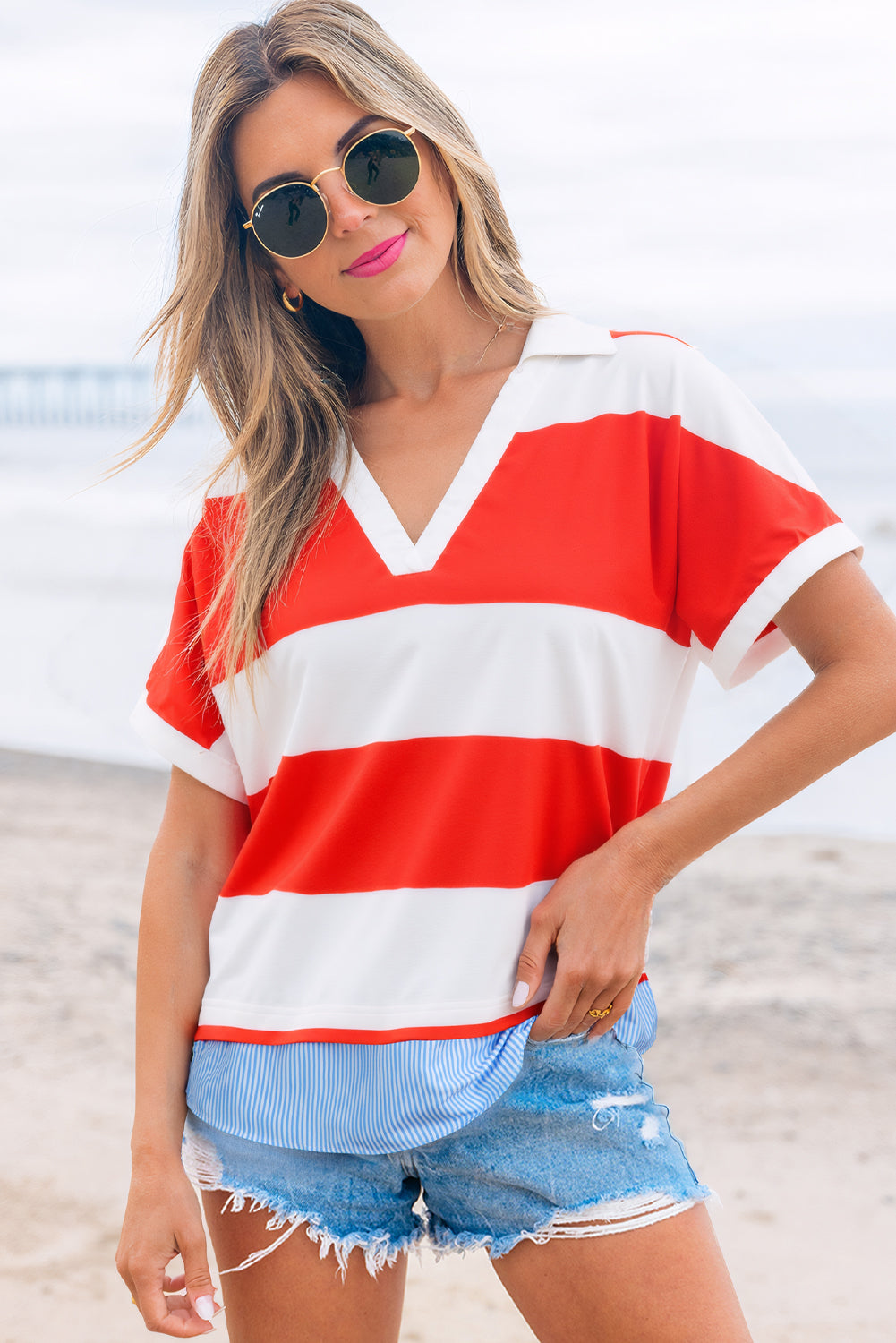 Red Stripe Collar V Neck Cuffed Dolman Short Sleeve Top