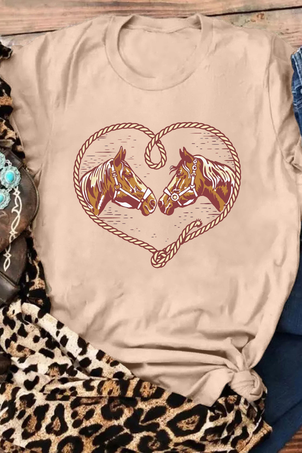 Khaki Rodeo Horse Graphic Western Cowgirl Fashion T Shirt