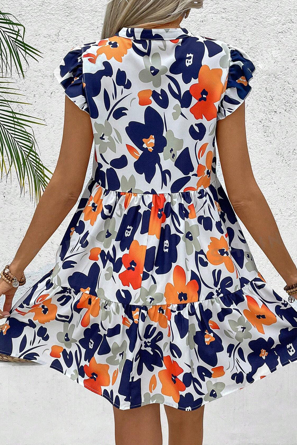 Orange Floral Print Notched Neck Flutter Sleeve Mini Dress