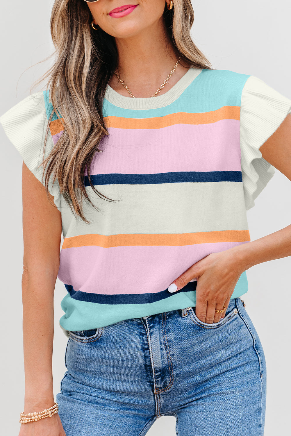 Multicolour Striped Color Block Flutter Sleeve Patchwork Sweater Top