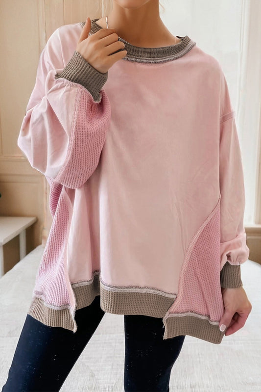 Light Pink Color Block Mix Texture Waffle Patchwork Oversize Sweatshirt