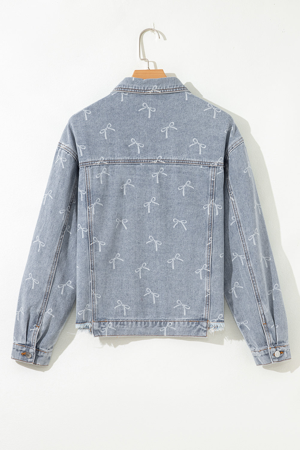 Sky Blue Bow Knot Print Light Wash Raw Hem Denim Jacket