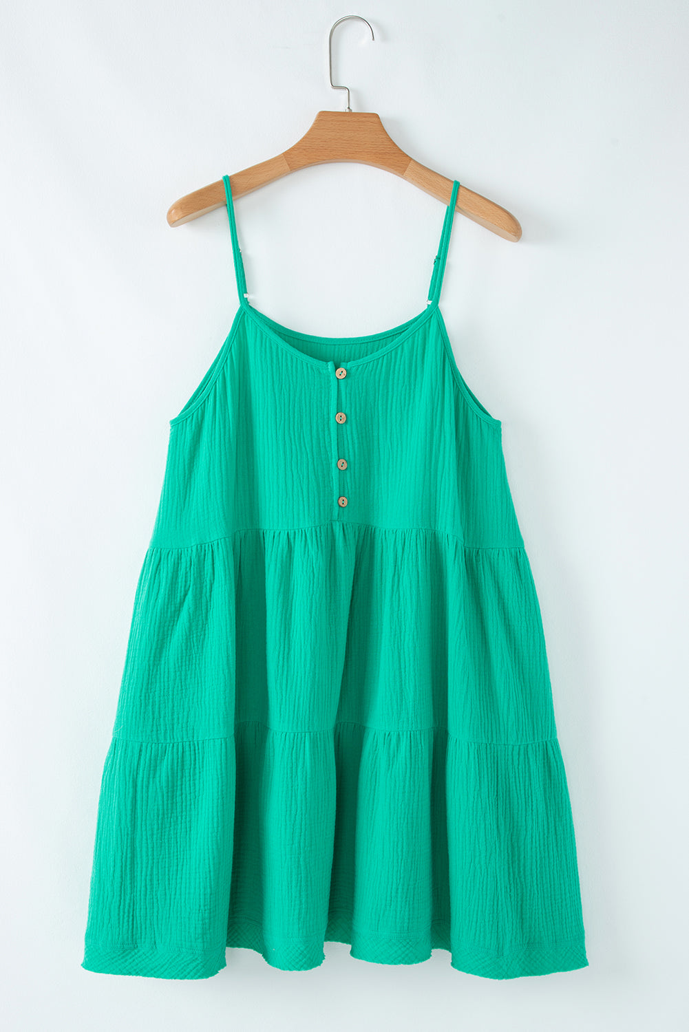 Sea Green Textured Buttoned Thin Strap Tiered Loose Fit Mini Dress