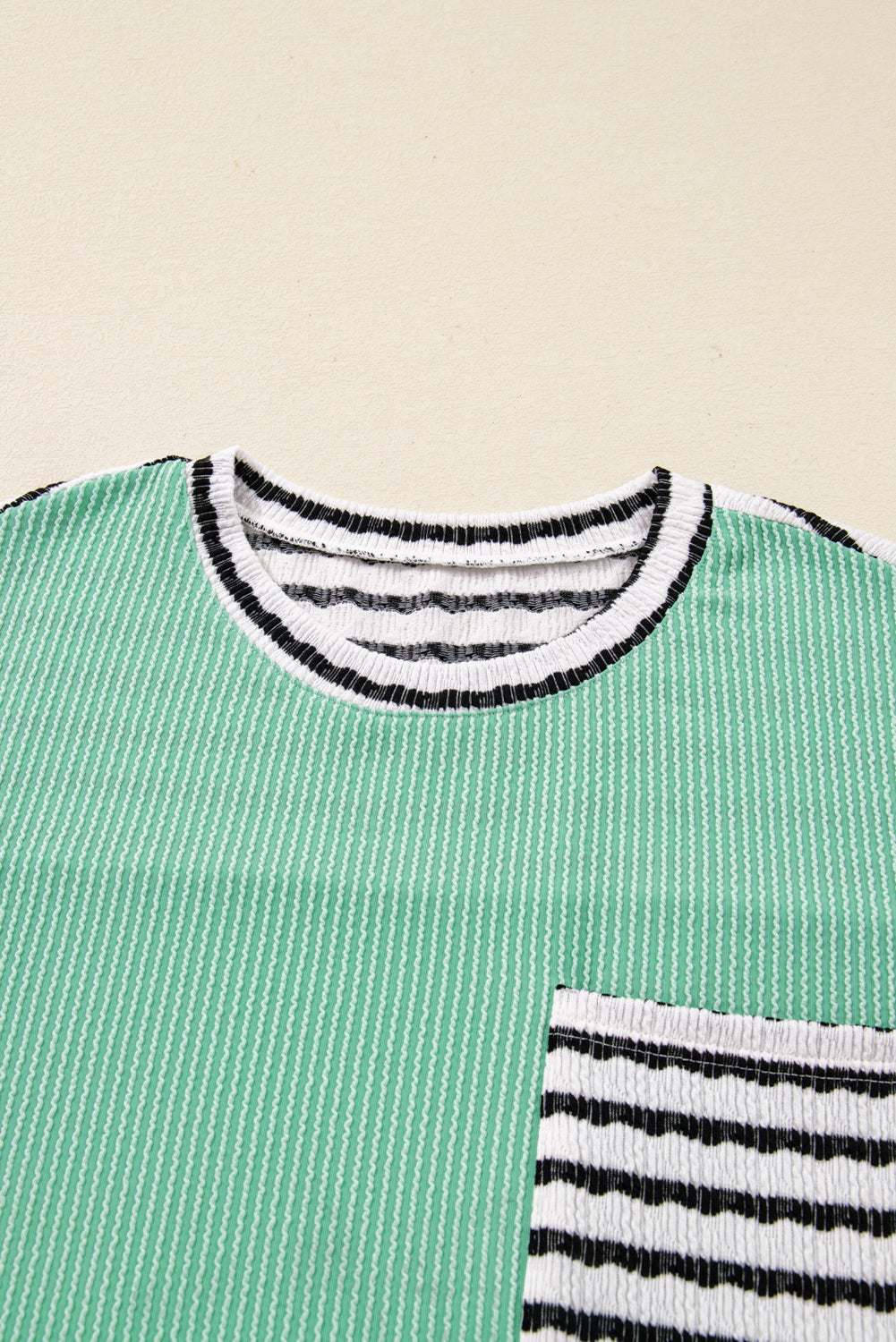 Sea Green Twisted Ribbed Contrast Round Neck Striped Patchwork Long Sleeve Top