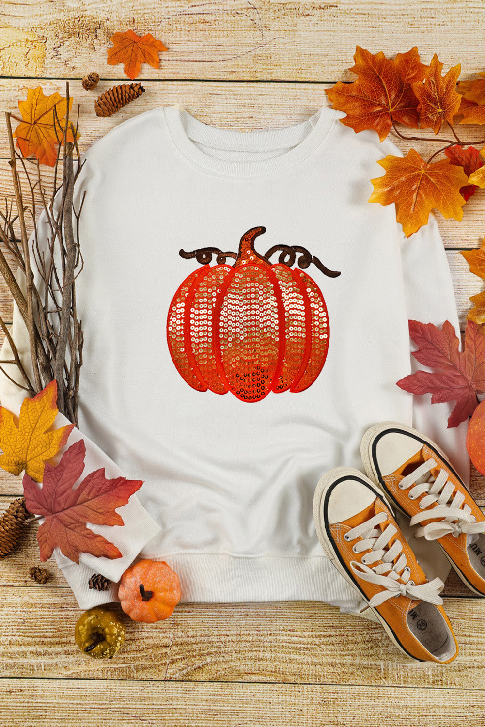 White Sequin Pumpkin Patched Casual Pullover Graphic Sweatshirt