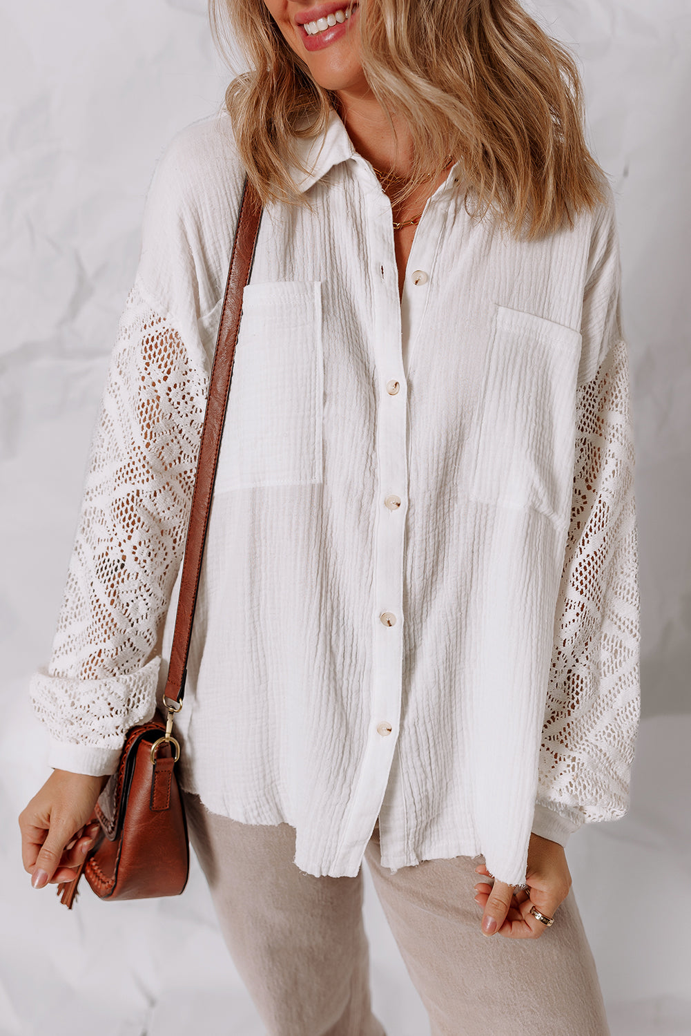 White Cotton Gauze Lace Patchwork Long Sleeve Shirt