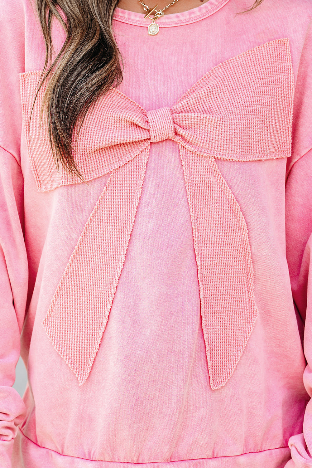 Bright Pink Mineral Wash Big Bow Patchwork Pullover Sweatshirt