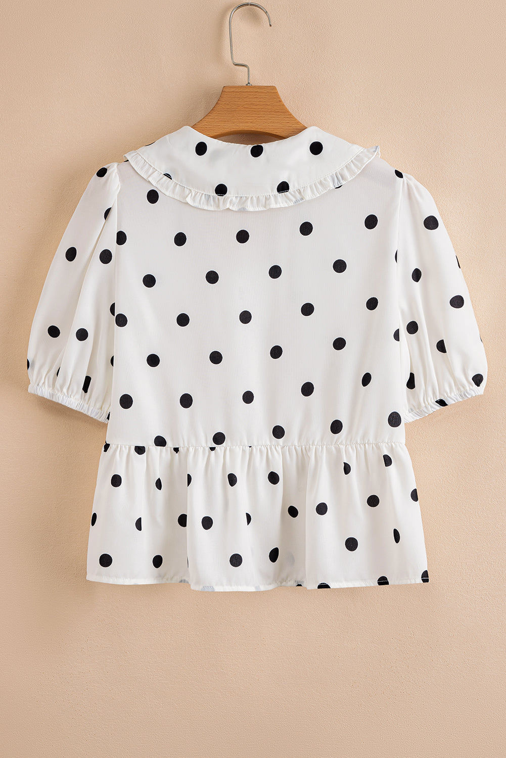 White Polka Dot Collared Lace up Font Puff Sleeve Peplum Top