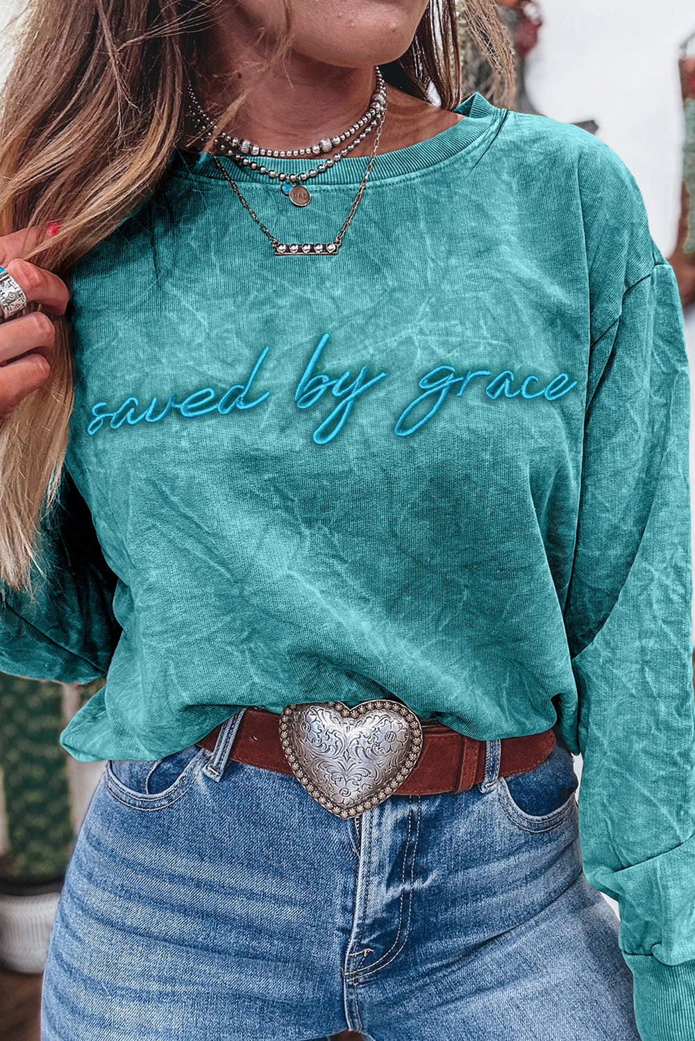 Sea Green saved by grace Letter Embroidery Mineral Wash Loose Sweatshirt