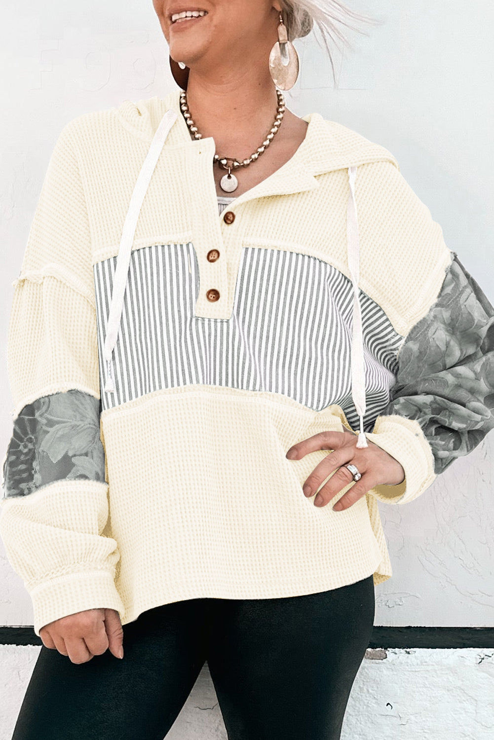 White Waffle Printed Patchwork Drawstring Hooded Long Sleeve Top