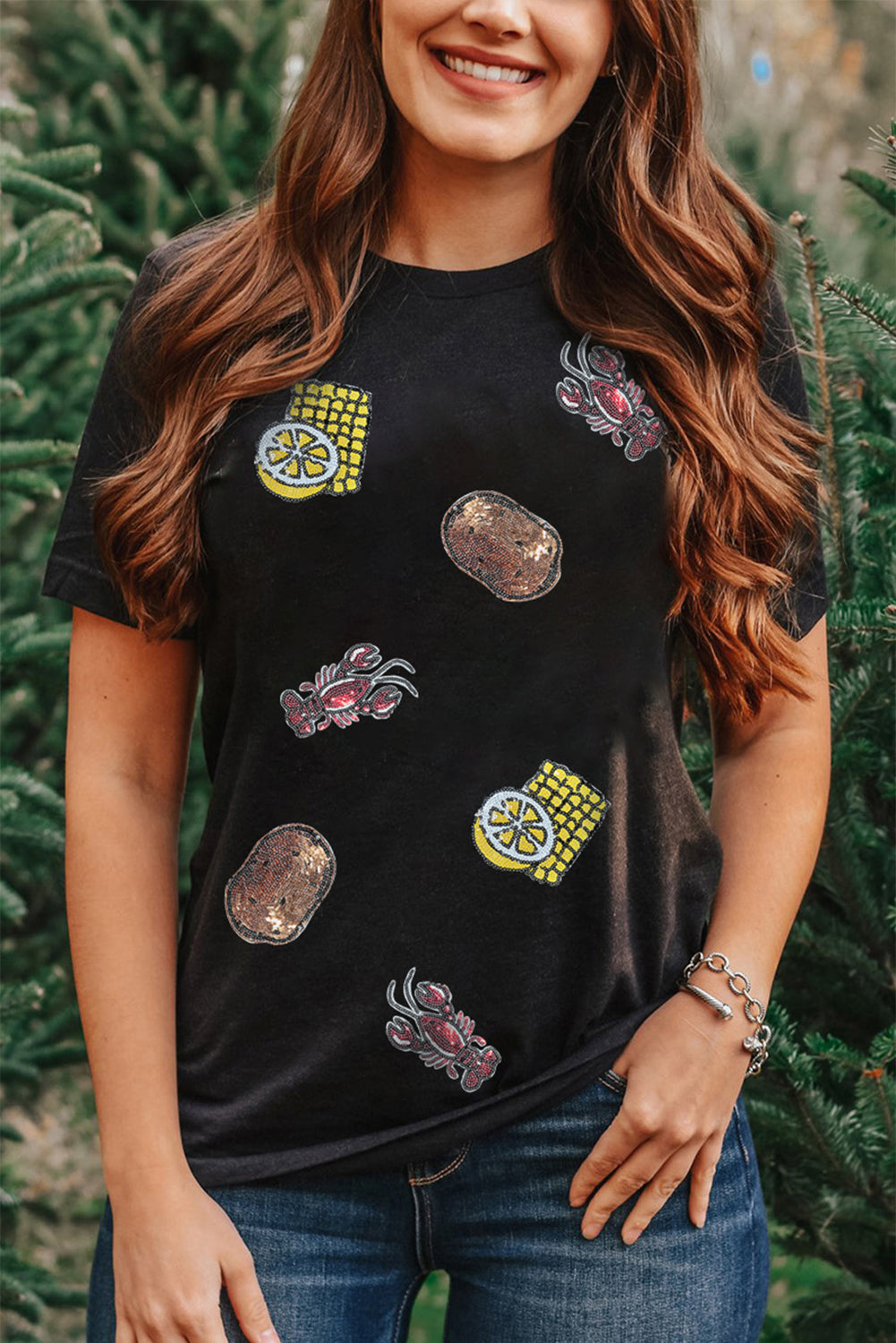Black Sequin Crawfish Potato Lemon Corn Graphic Crewneck T Shirt