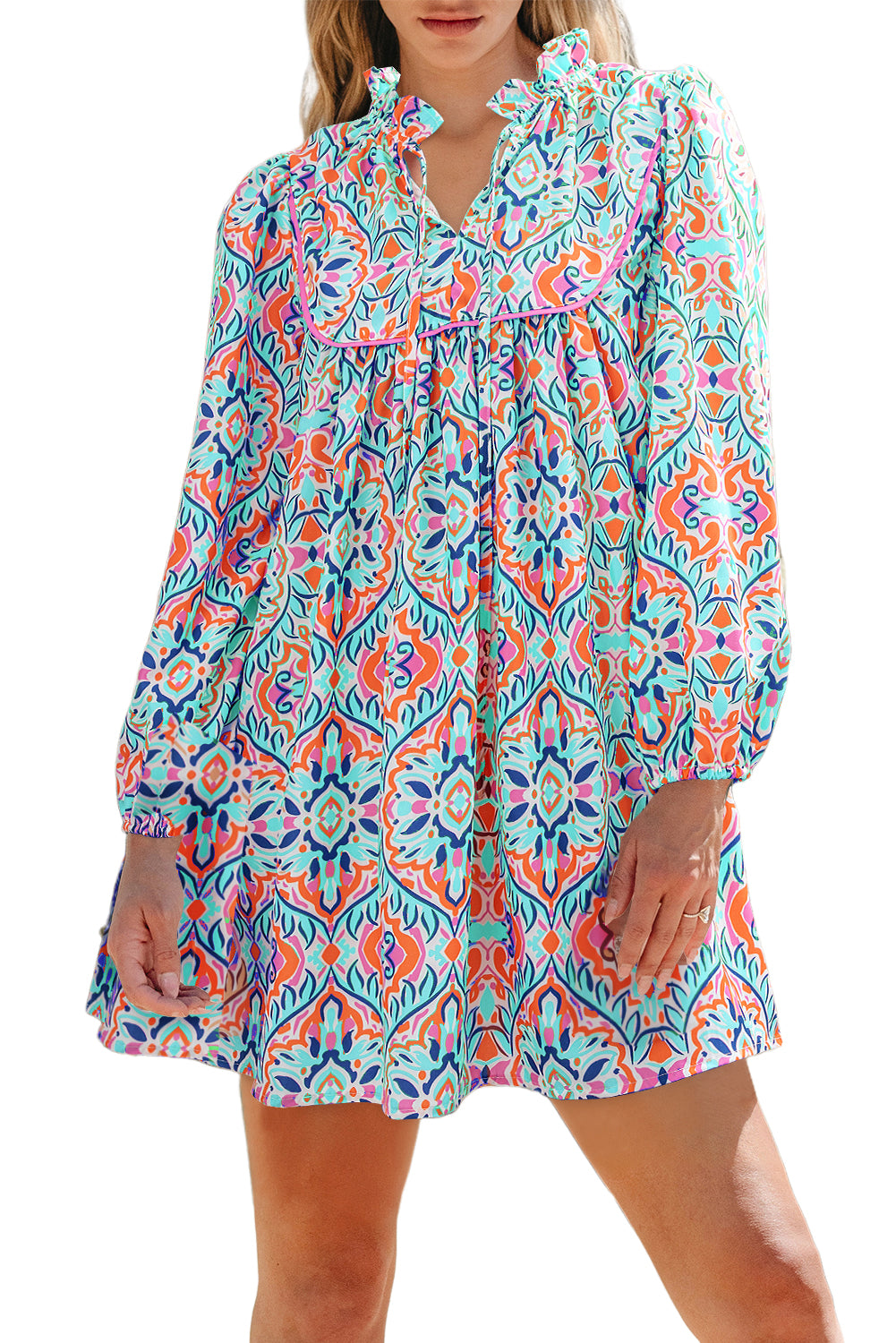 Sky Blue Abstract Printed Long Sleeve Tied Neckline Mini Dress