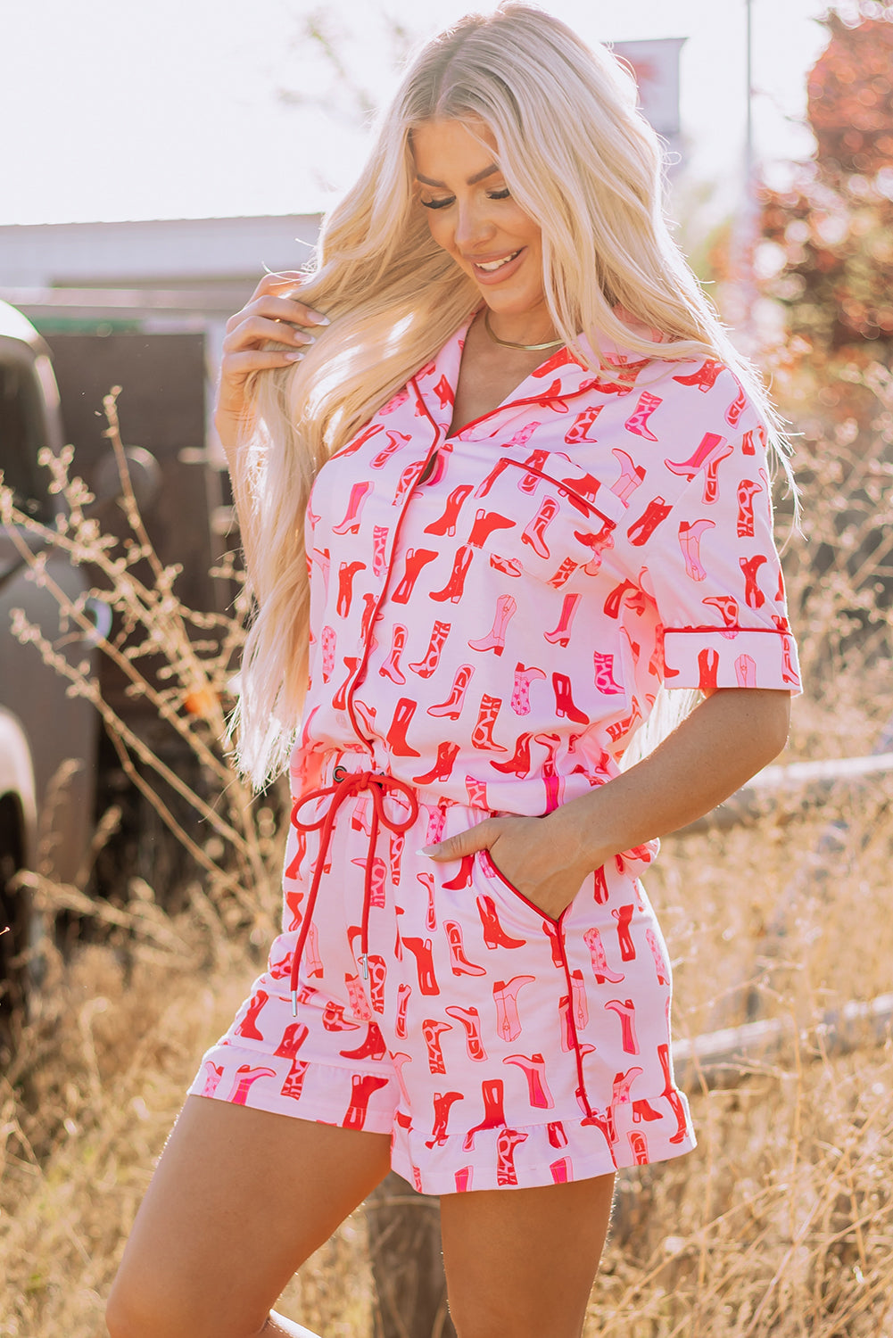 Pink Western Cowgirl Boots Printed Shirt Ruffled Shorts Pajama Set