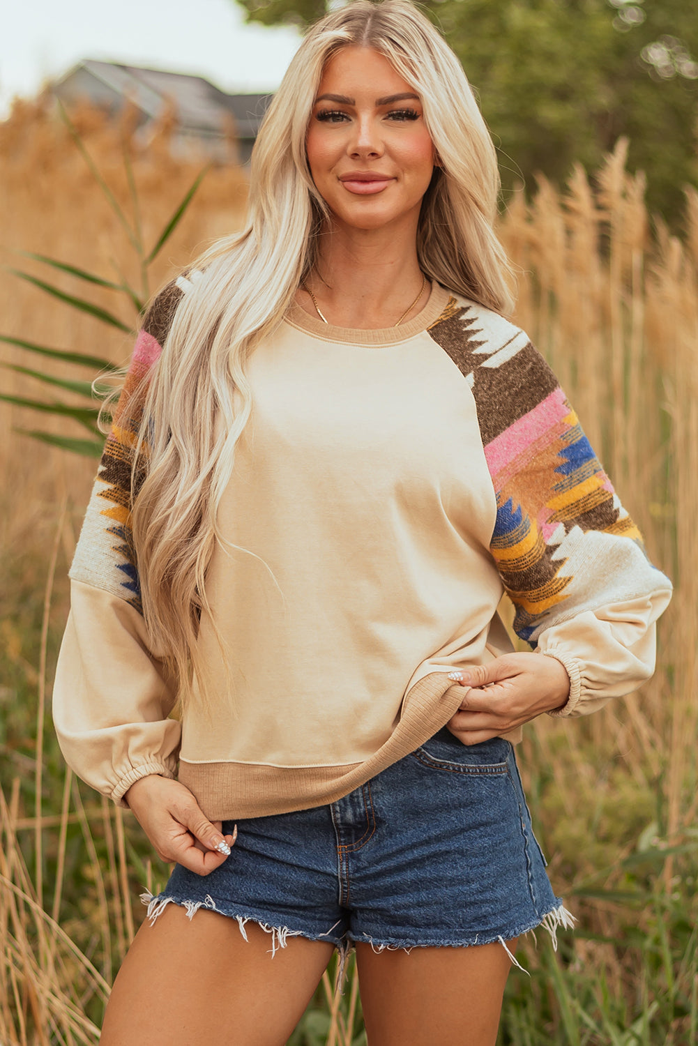Light French Beige Aztec Patchwork Raglan Pullover Sweatshirt