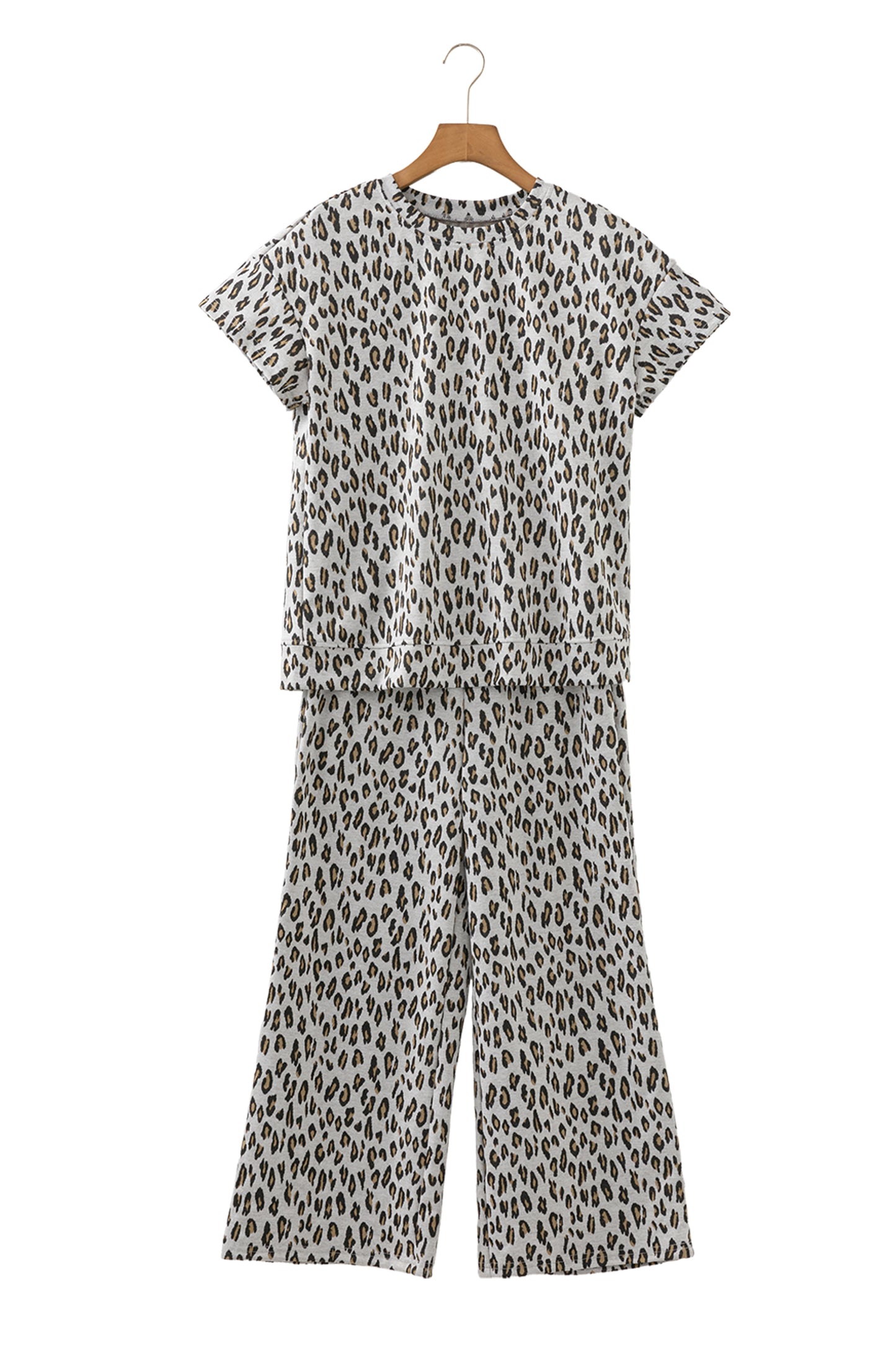 Beige Leopard Print Casual Tee and Pants 2pcs Outfit