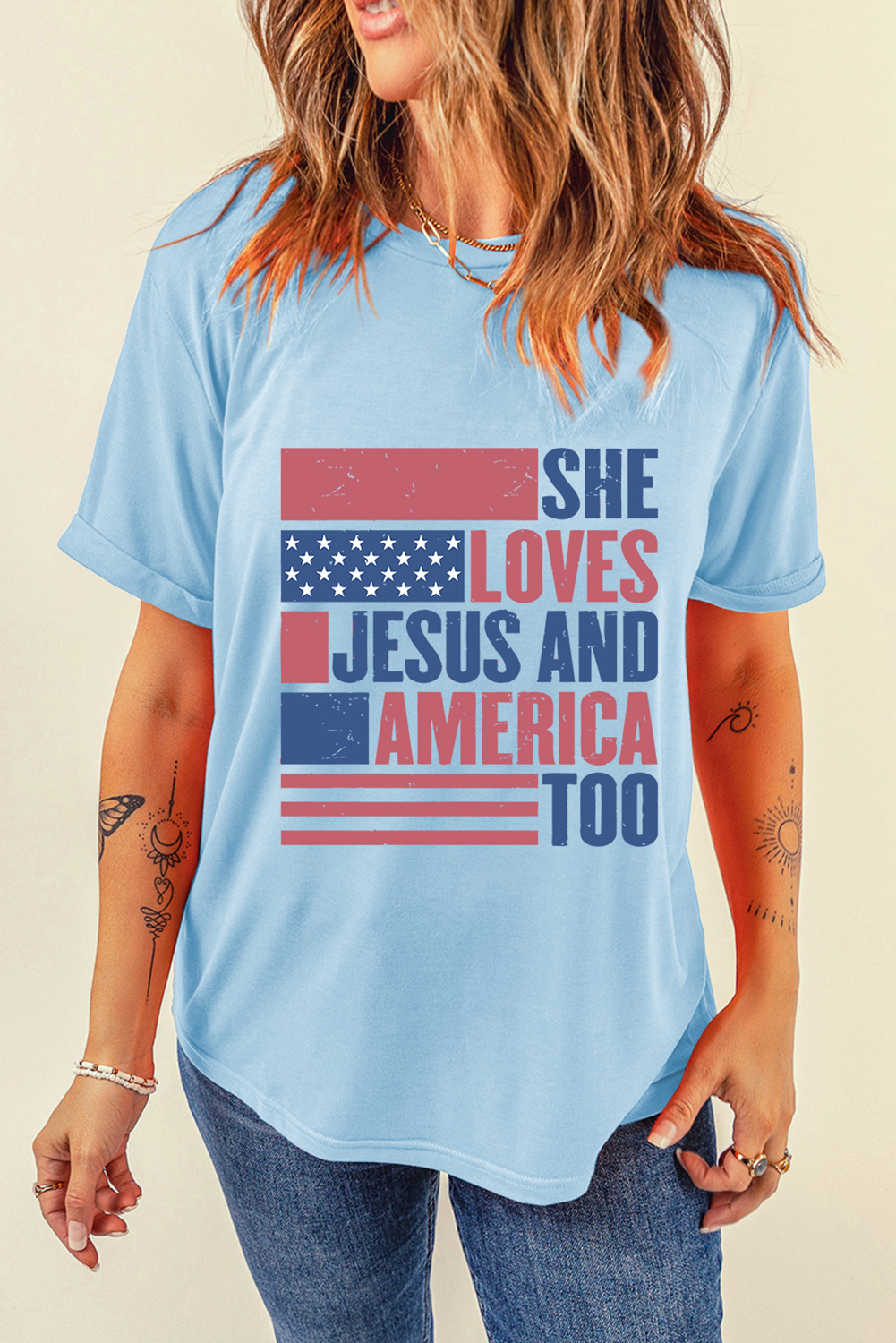 Light Blue SHE LOVES JESUS AND AMERICA TOO Flag Graphic T Shirt