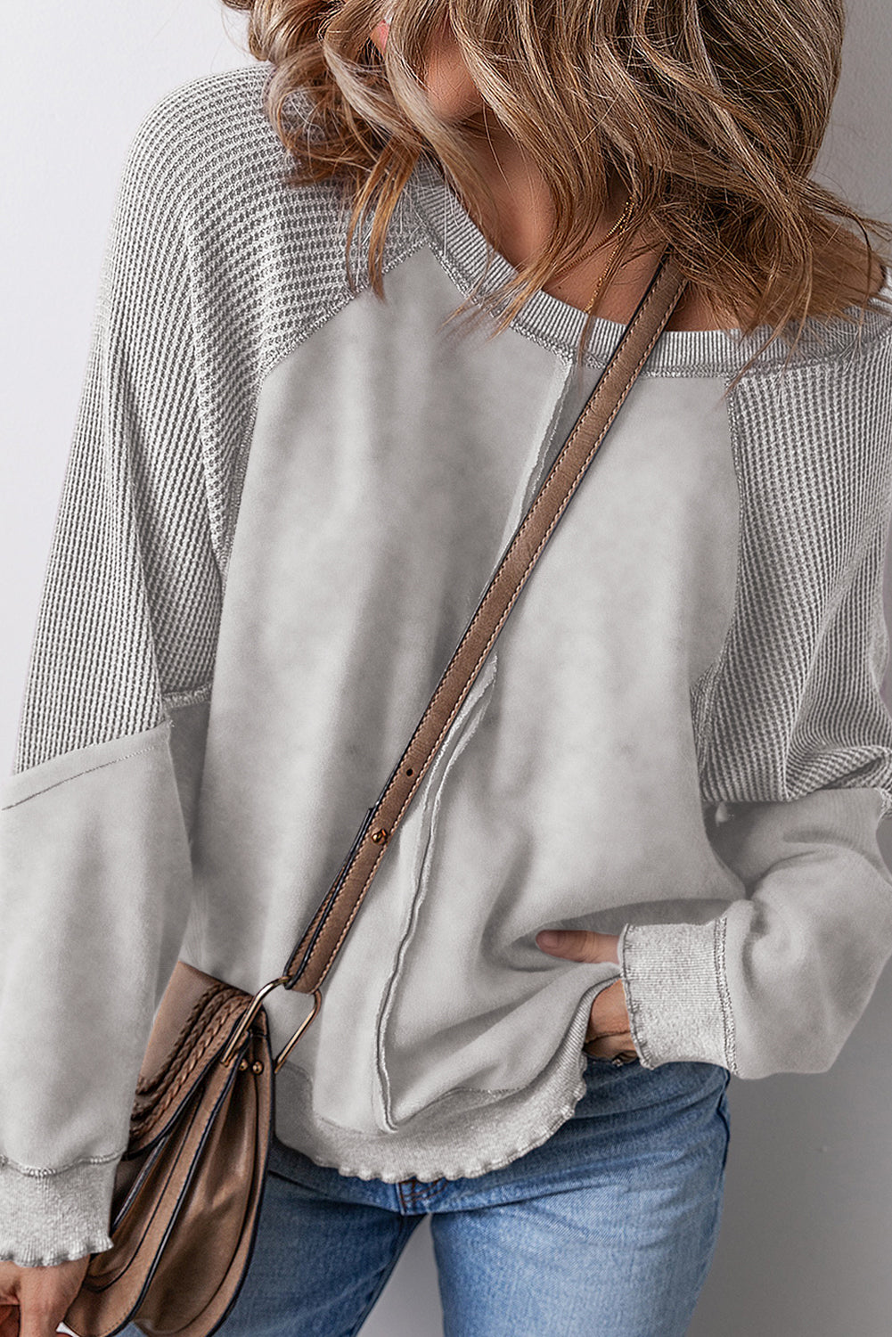 Light Grey Solid Waffle Knit Patchwork Raglan Sleeve Sweatshirt