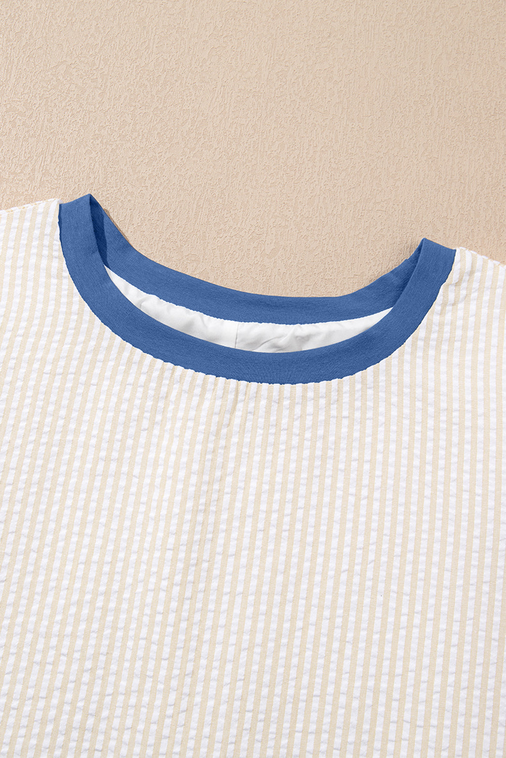 Beige Stripe Seersucker Contrast Round Neck Puff Sleeve T Shirt Dress