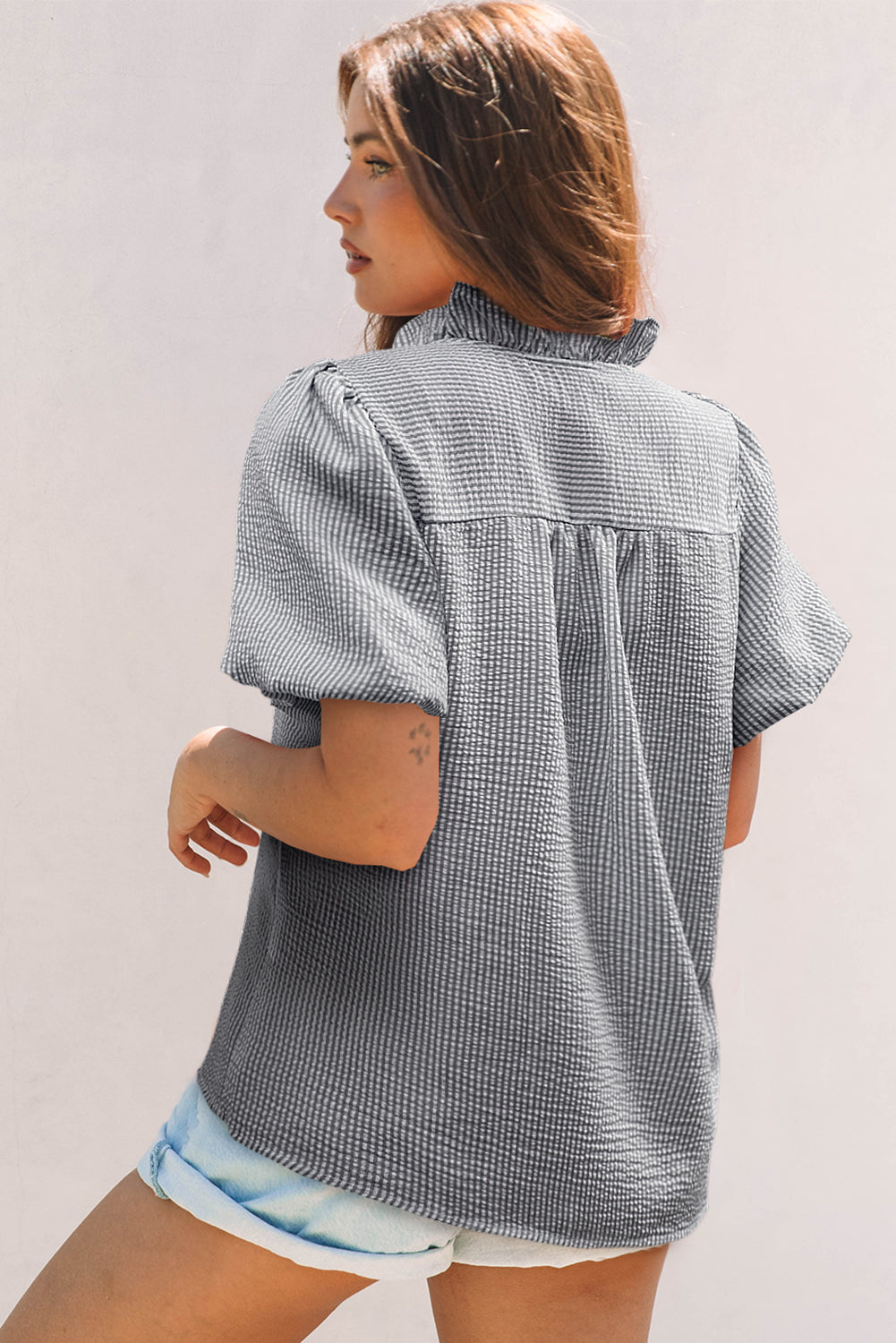 Black Striped Ruffle Short Bubble Sleeve Shirt