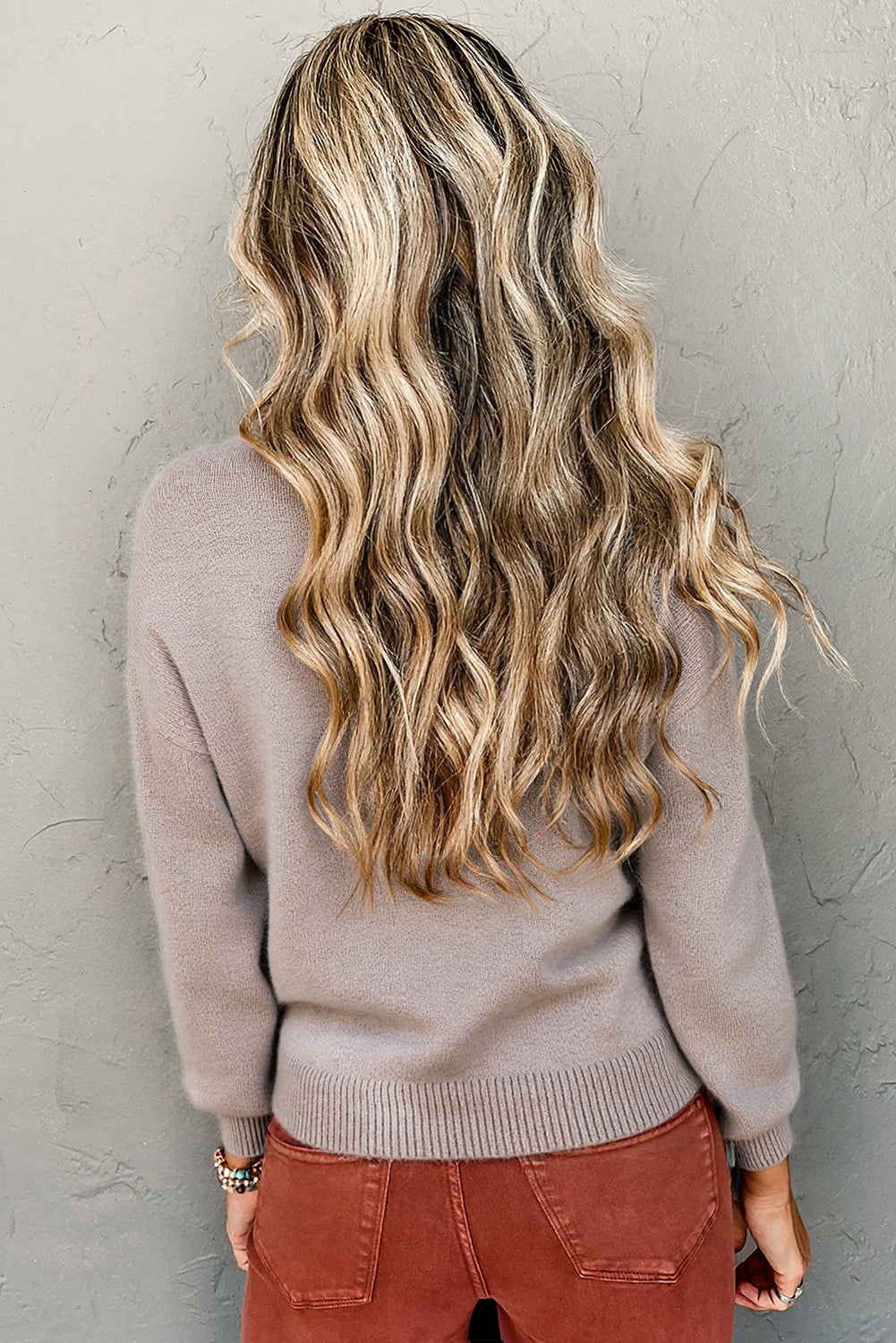 Simply Taupe Embroidered Floral Sleeve Round Neck Loose Sweater